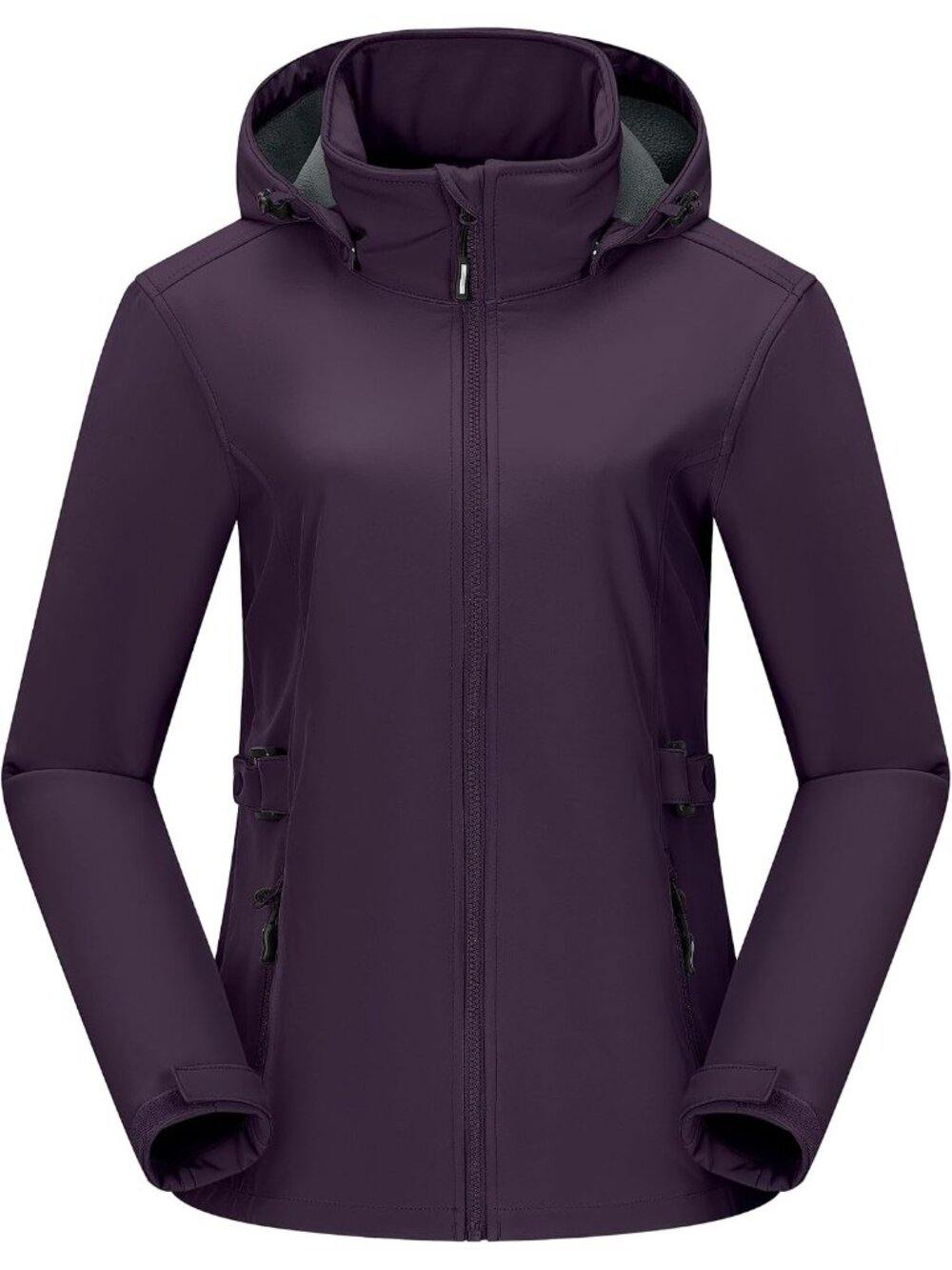 Women Purple Fleece Lined Removable Hood Full Zip Waterproof Softshell Rain Coat